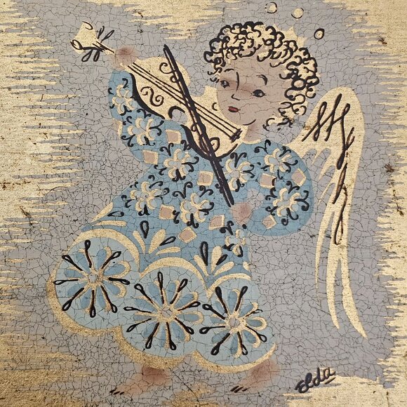 Holiday Folk Art Angel Wooden Wall Hanging 8" gold blue cherub handpainted (2) - Picture 6 of 9